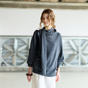 毛衣 女慵懒宽松落肩长袖 NON RESTRAIN设计感飘带围巾领羊毛针织衫