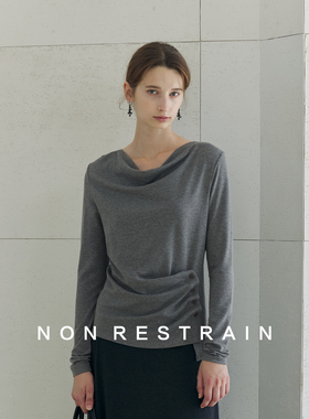 NON RESTRAIN设计感不规则纽扣收腰长袖T恤女修身荡领针织衫上衣