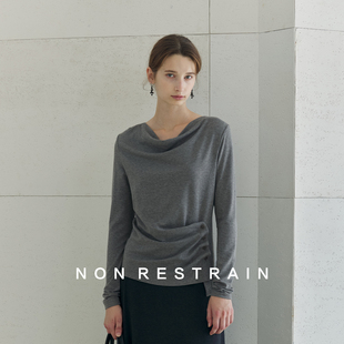 荡领针织衫 T恤女修身 上衣 RESTRAIN设计感不规则纽扣收腰长袖 NON