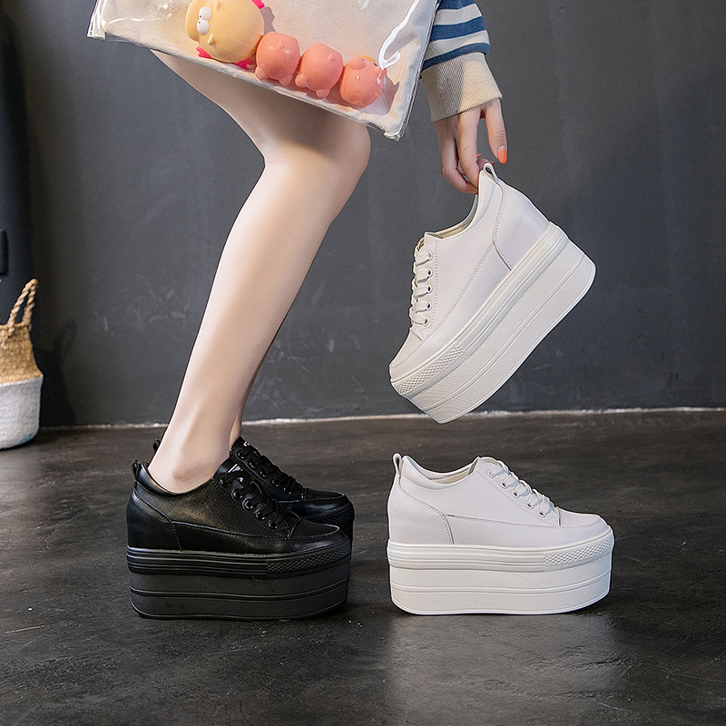 单鞋女2025新款秋季女鞋皮面厚底小白鞋松糕跟内增高休闲鞋系带潮