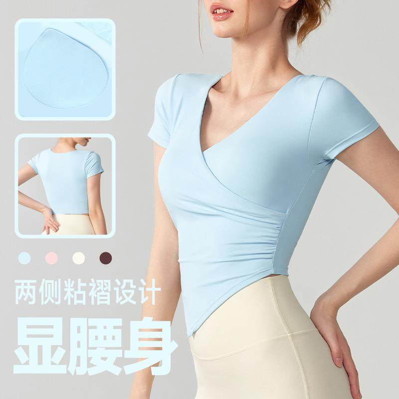 春夏瑜伽短袖女 固定胸垫百搭外穿短款运动t恤收腰显瘦健身背心女