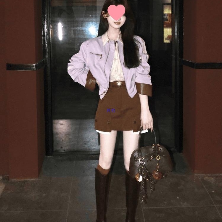 外套+半裙套装秋季新款简约通勤甜辣风设计感两件套紫色外套拼接