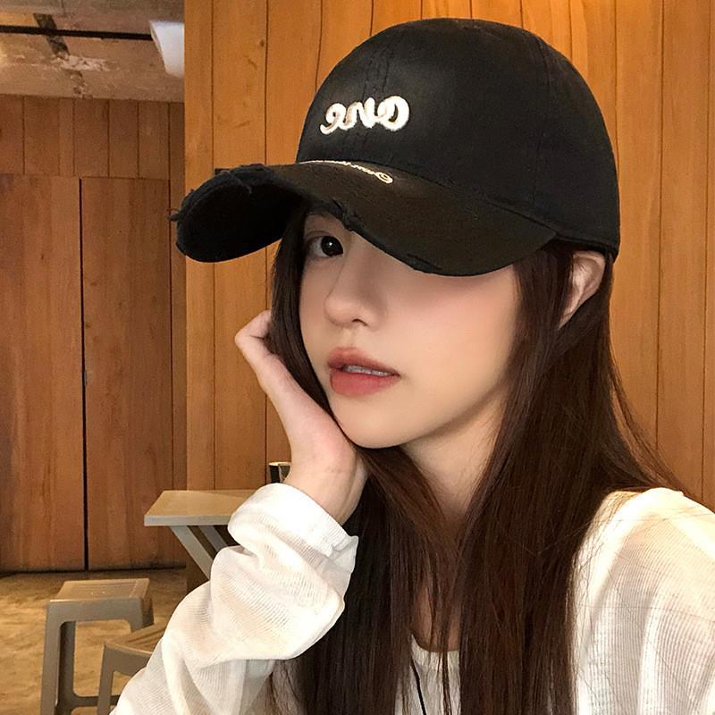 韩系甜酷黑色破洞牛仔棒球帽女2025新款潮流大头围宽帽檐鸭舌帽男