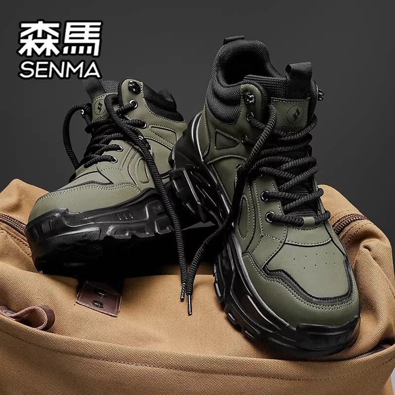 森马马丁靴男鞋夏季高帮加绒棉鞋户外登山运动厚底增高劳保工装靴
