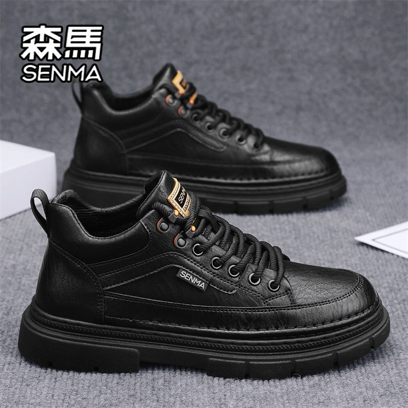 森马男鞋冬季高帮运动板鞋男士休闲皮鞋真皮防水黑色工装马丁靴子