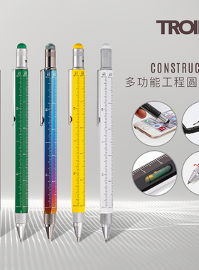 德国TROIKA拓意卡原创设计黄铜多功能工程圆珠笔1.0mm黑色刻度尺比例尺水平仪螺丝刀触控笔设计师建筑师户外
