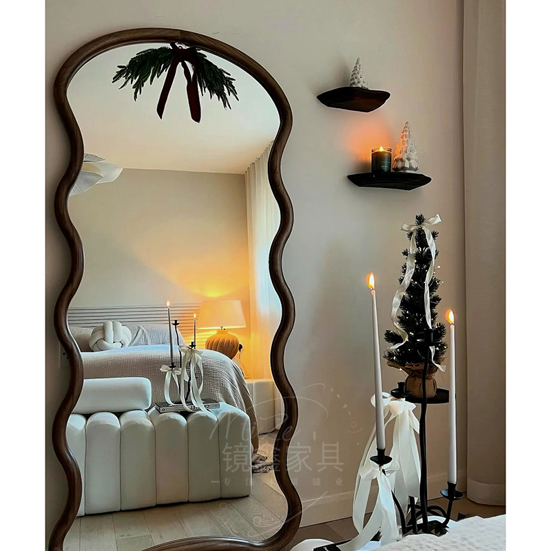 中古风复古全身镜美式花边原木落地穿衣镜子衣帽间玄关壁炉装饰镜