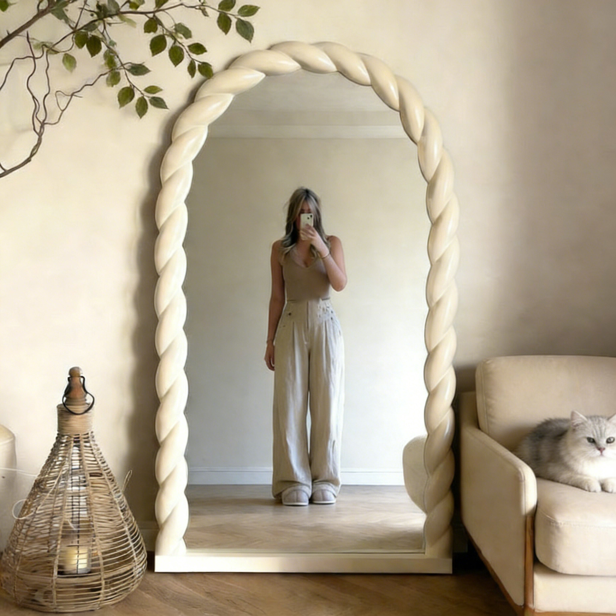 法式复古白色穿衣镜麻花拱形中古全身落地镜壁挂式感服装店试衣镜