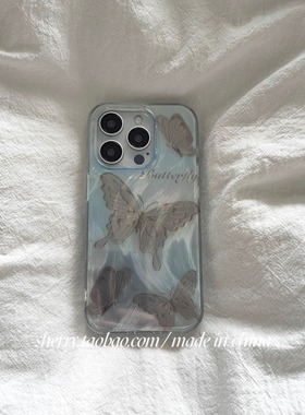 水蓝色黑灰蝴蝶适用三星s25手机壳s23ultra/s24fe羽纱ins风s22+高级感a06/a14小众a21s少女心a53/a73/a32/a55