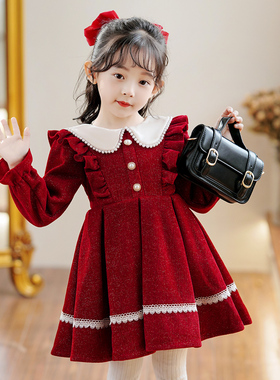 女童连衣裙春秋款长袖加绒加厚红色圣诞学院风小香风2025新款冬季