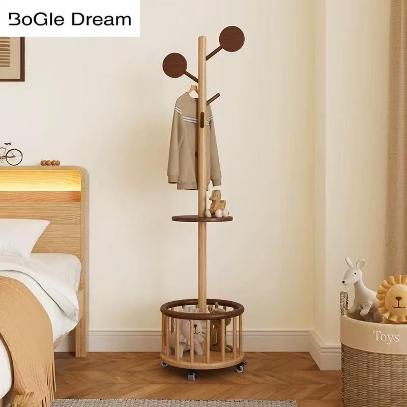 儿童款实木落地衣帽架家用挂衣架简约现代带脏衣篮卧室收纳衣架