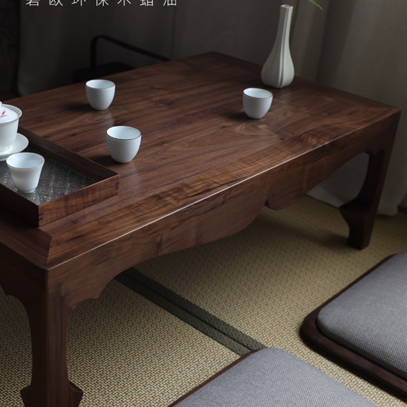 墨兰工坊新中式榻榻米茶桌家用简约长方茶几黑胡桃木实木飘窗矮桌