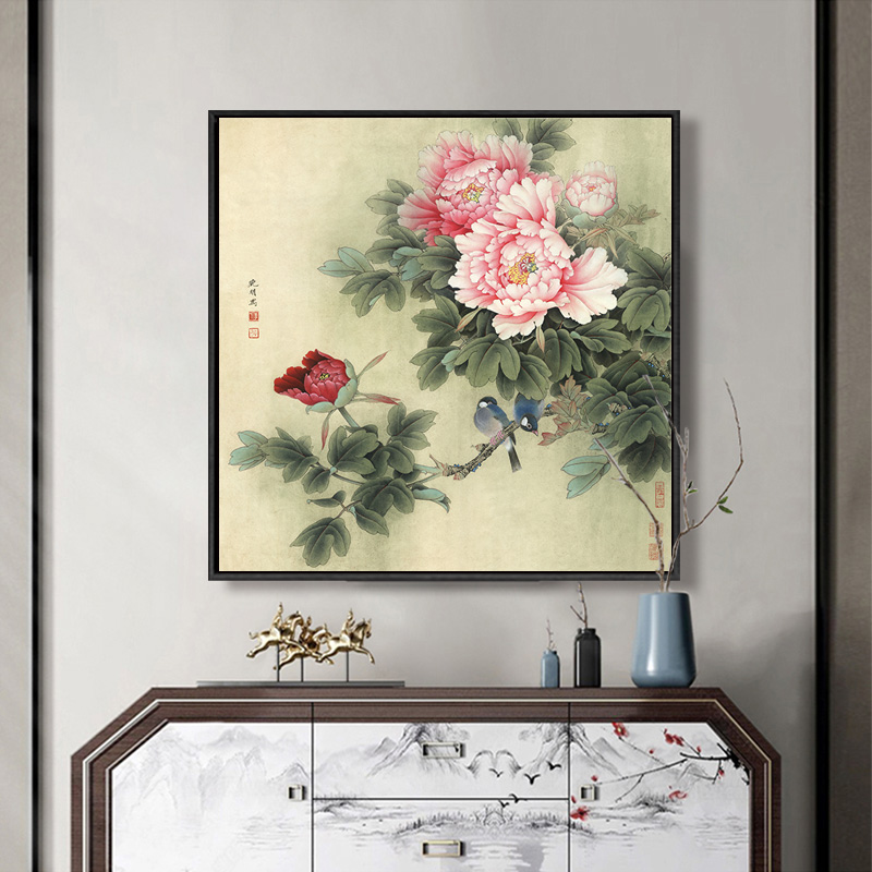 花开富贵装饰画客厅背景墙画玄关走廊过道壁画中堂正方形牡丹挂画图片