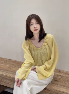 海燕家新款 松弛仙女袖口钉珠桑蚕丝衬衫上衣s1656对