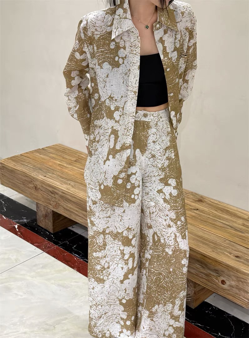 海燕家新款 超飒气质女神显瘦印花亚麻衬衫阔腿裤套装s618 k135好