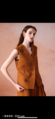 海燕2025夏季新款新中式国风重工刺绣100亚麻马甲套装1639对