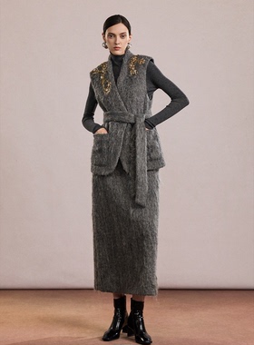 海燕家新款高端线 重工法绣华丽钉珠厚实羊毛混纺套装M526