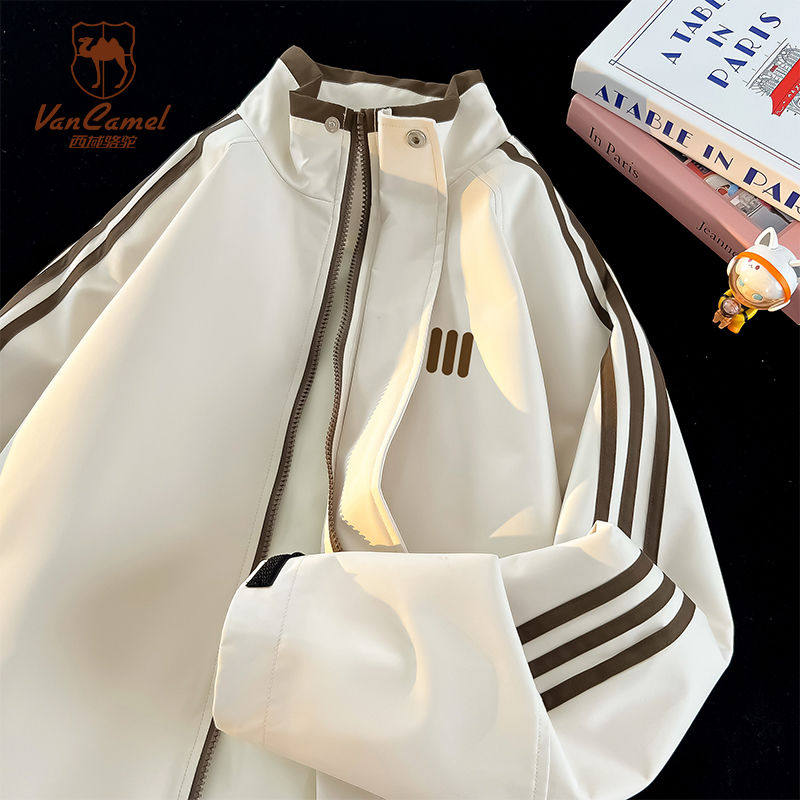 VANCAMEL西域骆驼条纹外套男士春秋季新款立领夹克宽松运动服上衣