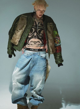 Ezwik图腾符文大印花冰蓝水洗宽松小众baggy牛仔裤