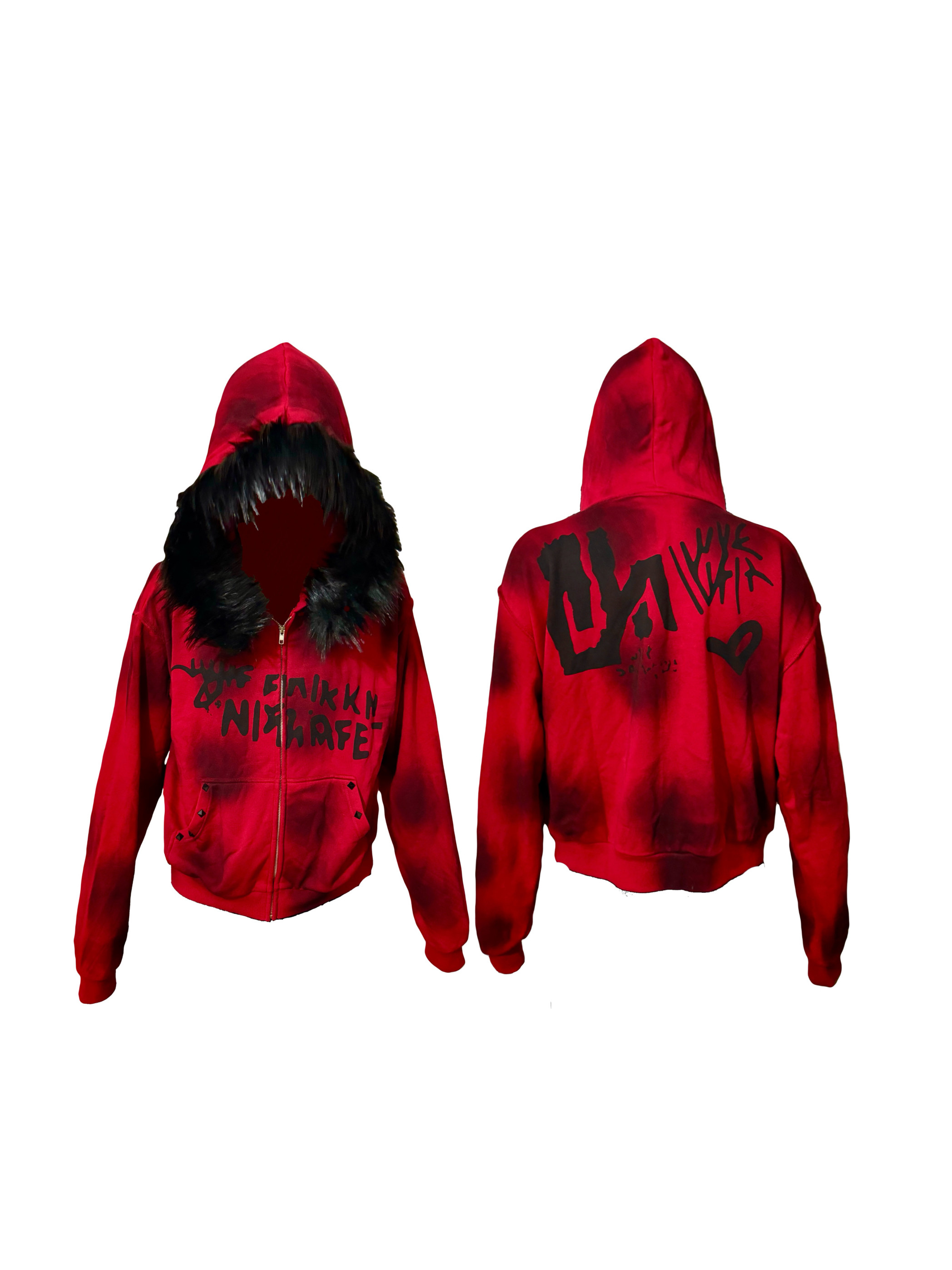 thumbnail for Ezwik's original black and red fur collar punk visual kei destruction stained dark rock subculture sweatshirt jacket