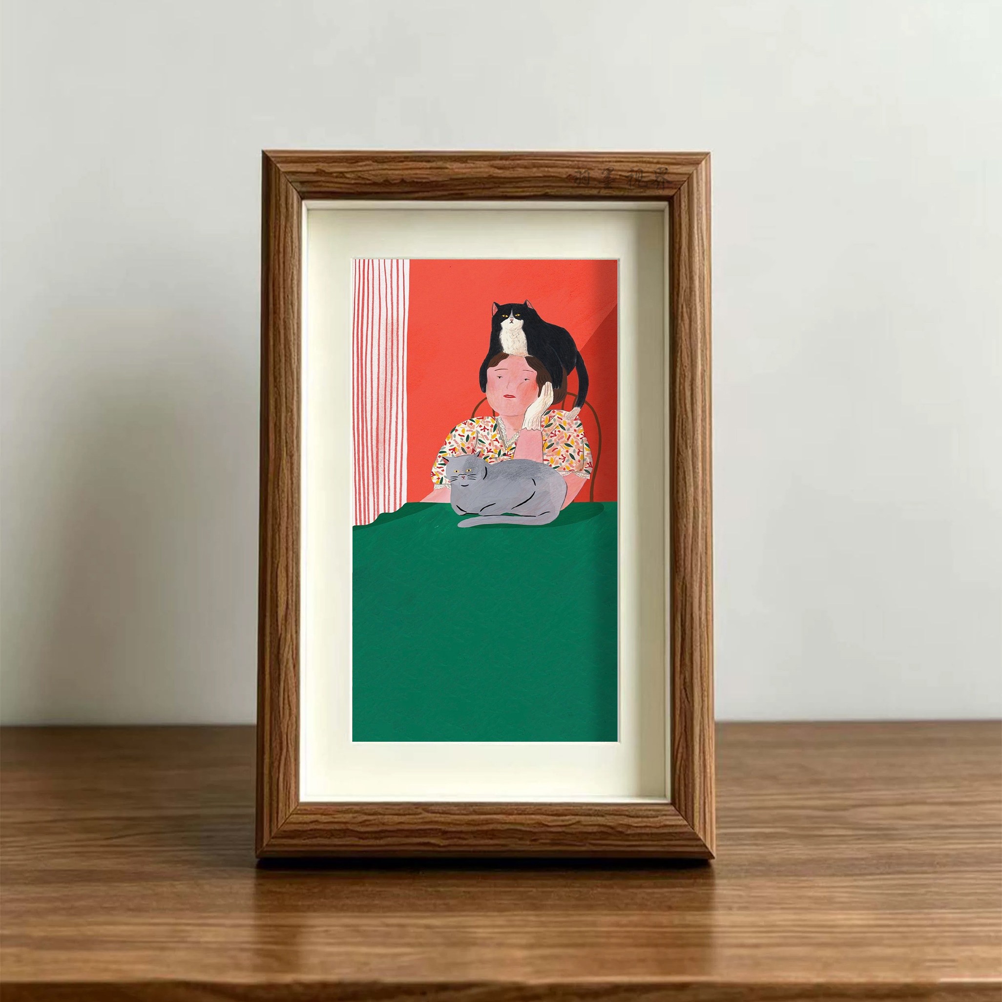 ins 风撸猫日常插画相框画，桌面温馨氛围感装饰摆件