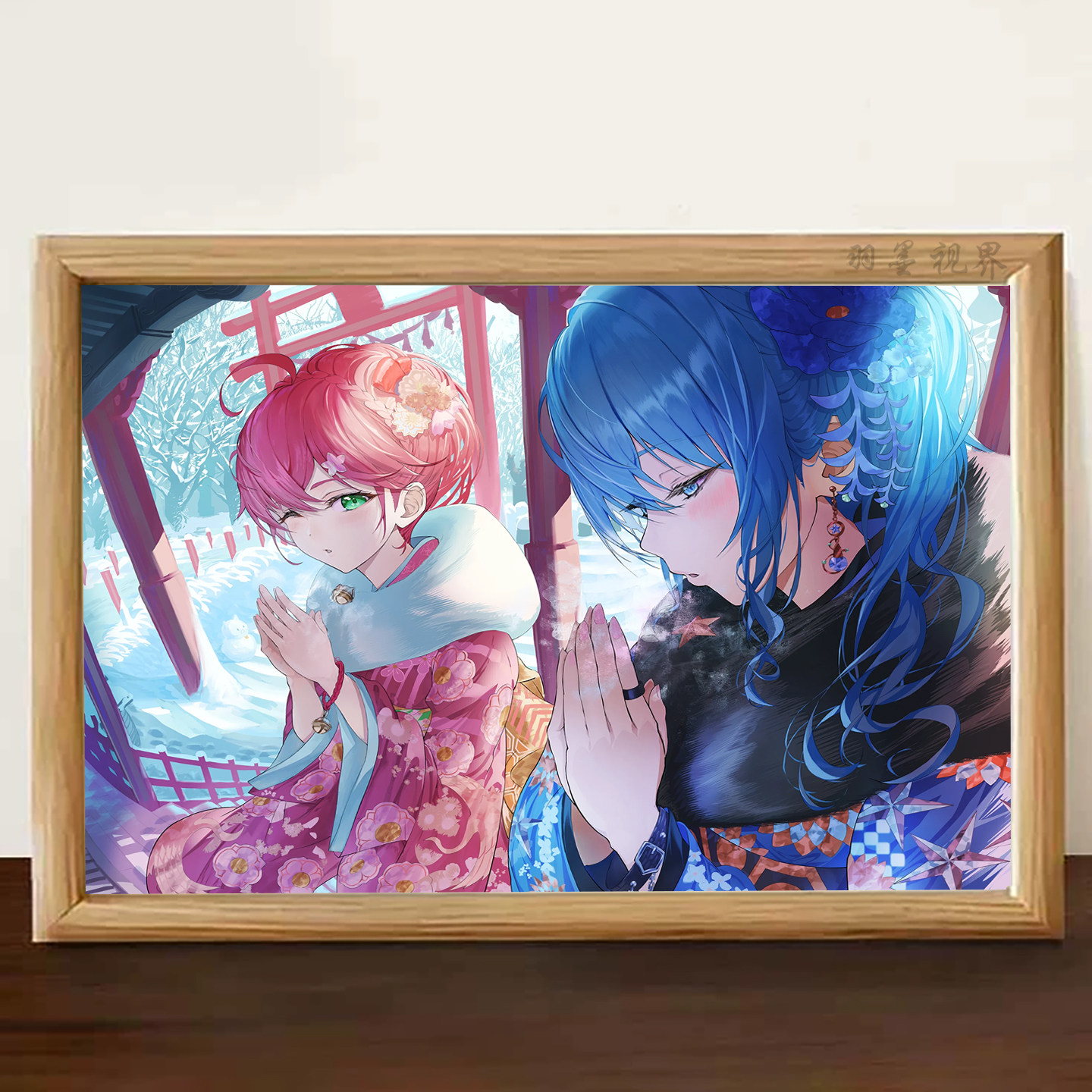 原木风和服少女插画相框 冬日神社同人画 卧室书房氛围感装饰画