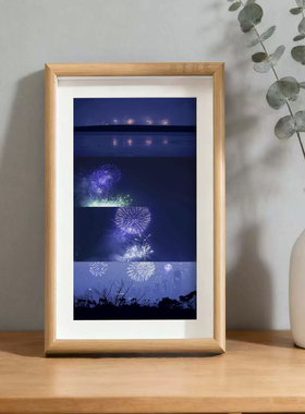 紫色烟花夜景拼贴装饰画 治愈 ins风桌面摆画 原木风卧室书桌摆件
