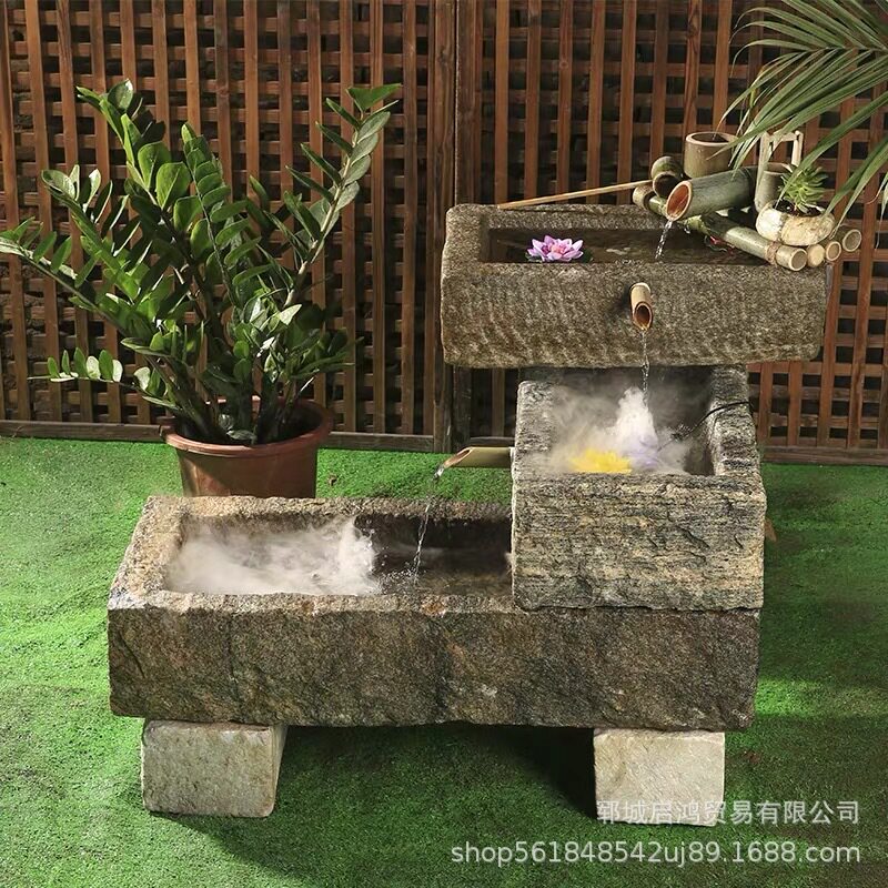 中式石臼流水摆件 客厅摆件大型水池砂岩石槽流水摆件庭院造景