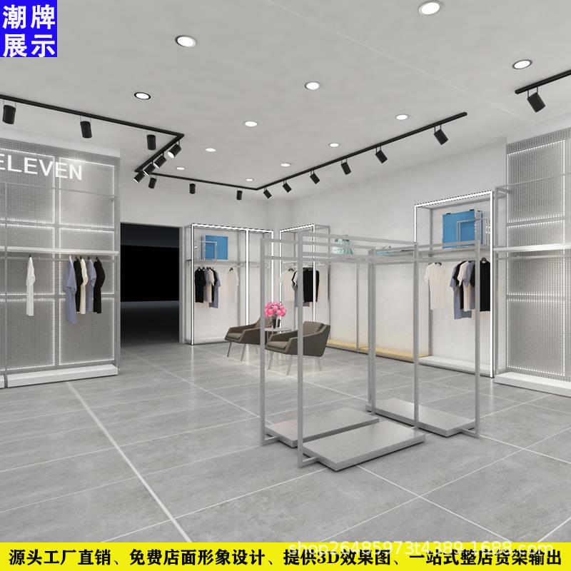 不锈钢拉丝男装货架设计男装货架中岛架带灯男装货架商务男装货架