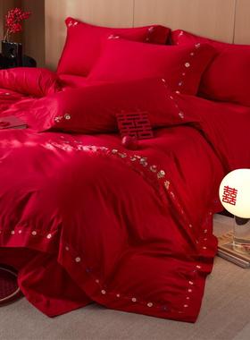 高档长绒棉刺绣婚庆四件套结婚卧室大红被套床单陪嫁床品