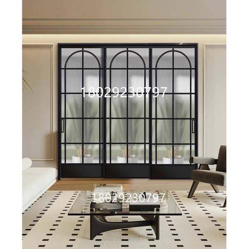 现代极简铝合金玻璃折叠平移客厅阳台卧室门复古格子三联动推拉门