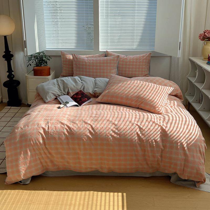 简约纯棉水洗棉床上四件套100全棉被套宿舍床单人床笠三件套床品4