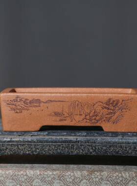 紫砂花盆长方形盆景盆浅盆苏兵制名家盆降坡泥手工盆马槽盆窄盆