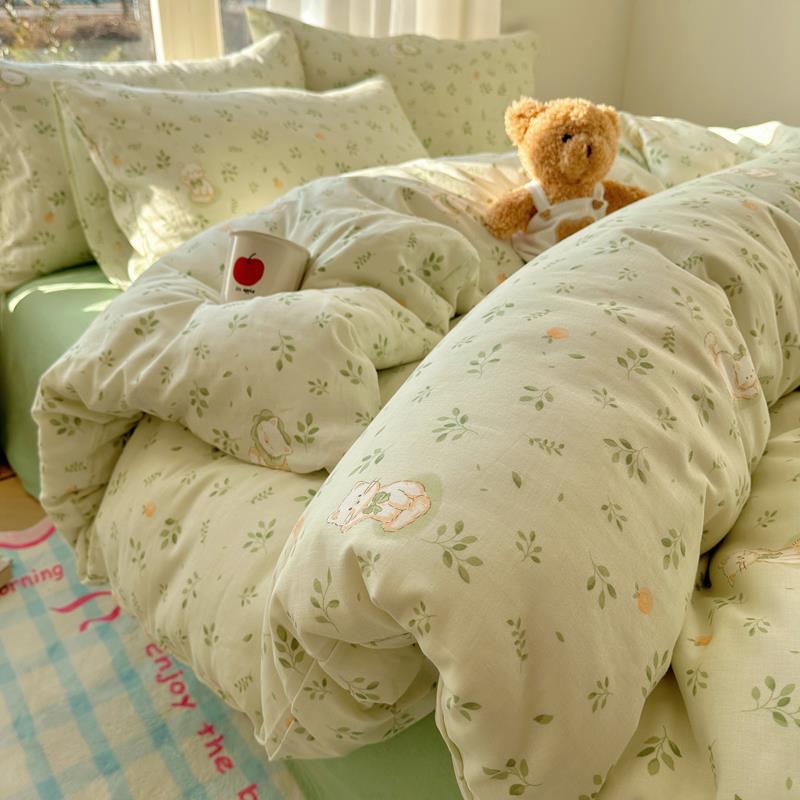 小清新纯棉双层纱床上四件套全棉被套儿童床笠款床品床单人三件套