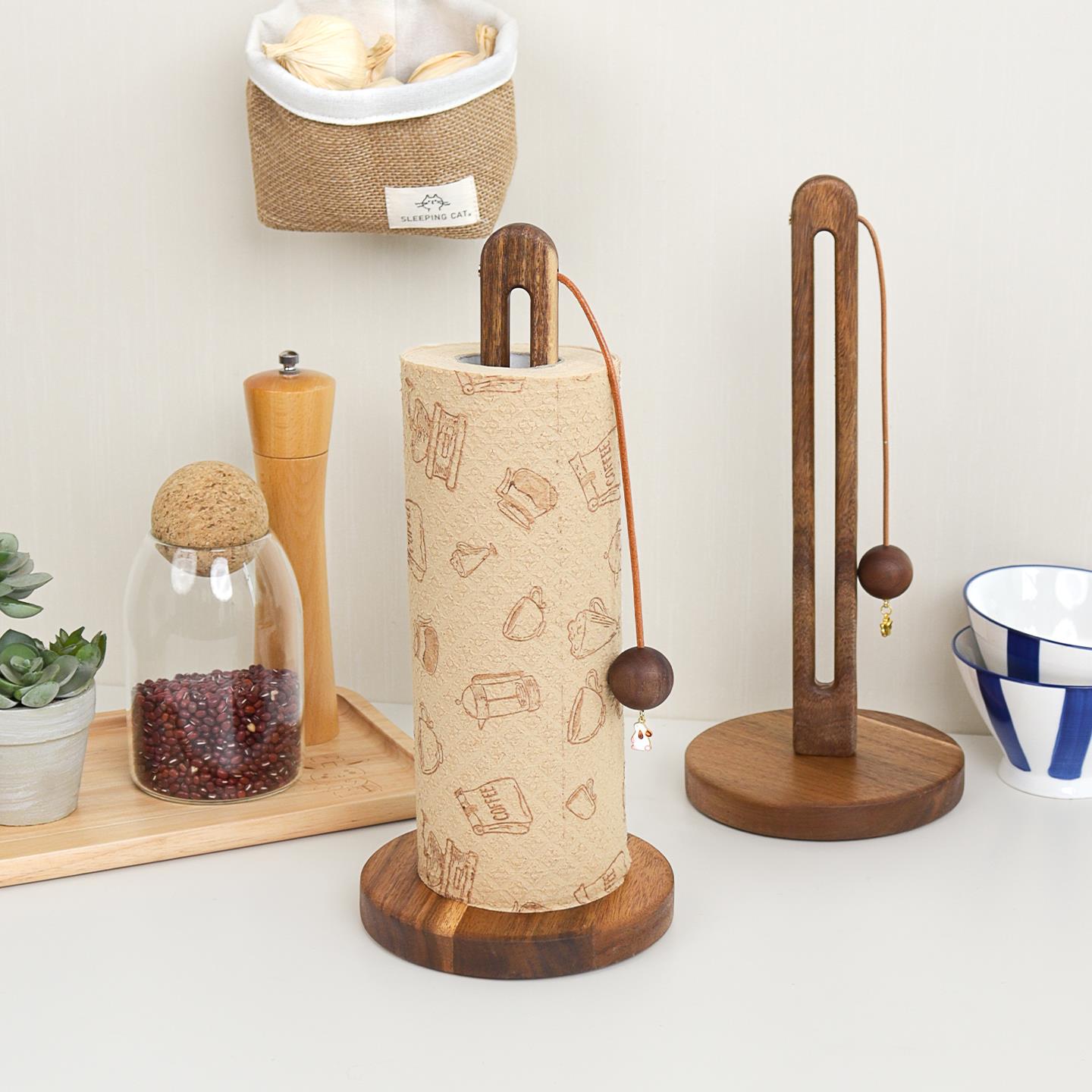 相思木纸巾架厨房懒人抹布收纳挂架实木加高免打孔立式保鲜膜架子