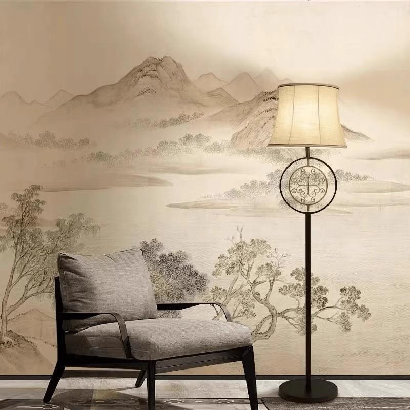 新中式高端刺绣墙布覆古壁布客餐厅墙纸电视背景墙装修山水画壁纸