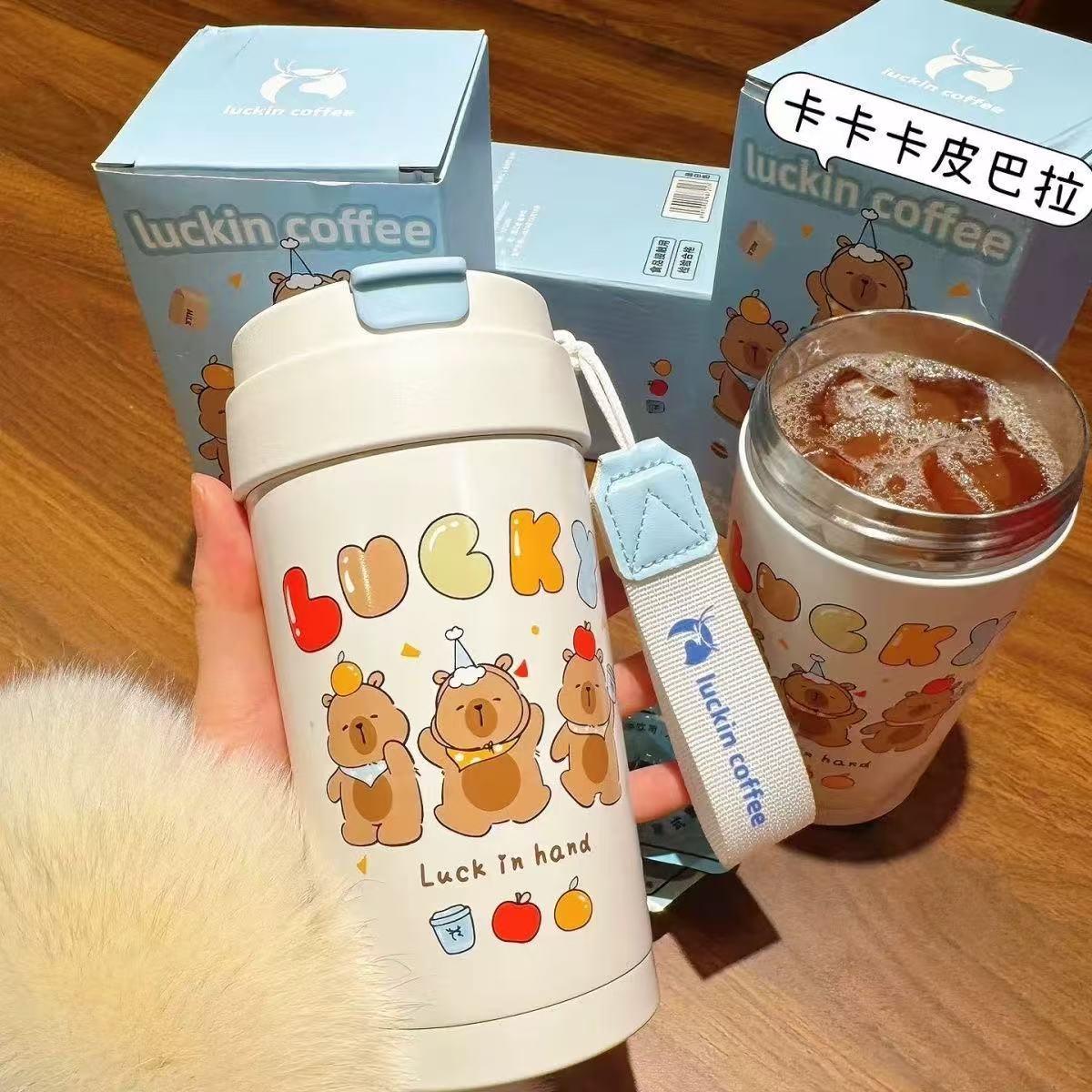 瑞幸保温杯白 Lucky卡皮巴拉保温杯咖啡杯蓝白色450ml