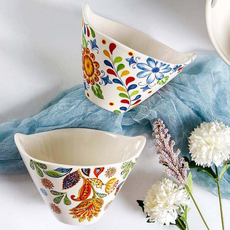 O 田园风创意彩绘面碗陶瓷双耳斗笠嗦粉碗家用个性火锅菜碗,餐饮具,碗,淘宝优惠券,粉丝福利购,淘宝优惠卷