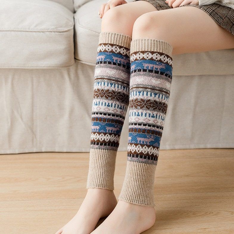 日系袜子小鹿雪花堆堆袜套女秋冬保暖护腿袜不过膝小腿袜针织撞色
