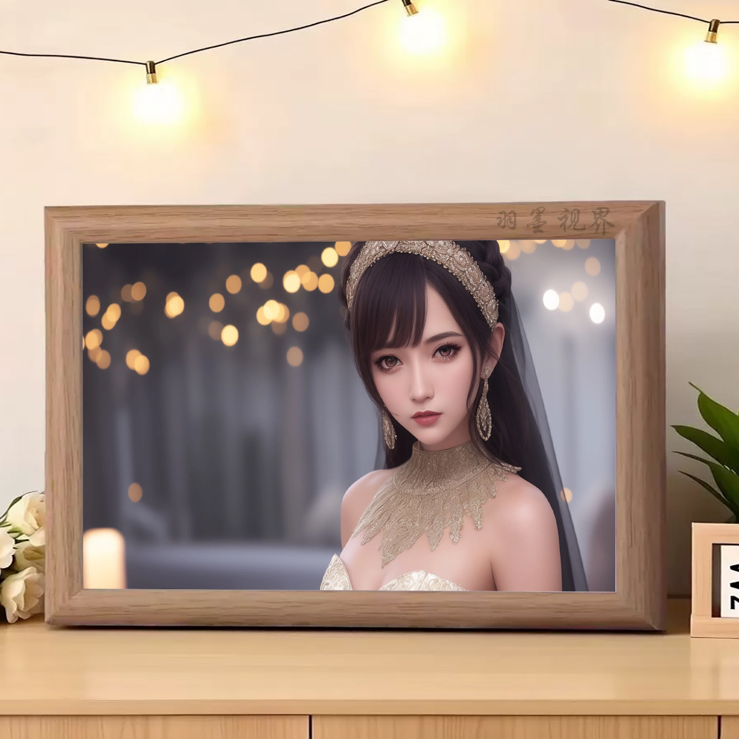 暖光背景梦幻婚纱少女木质摆件