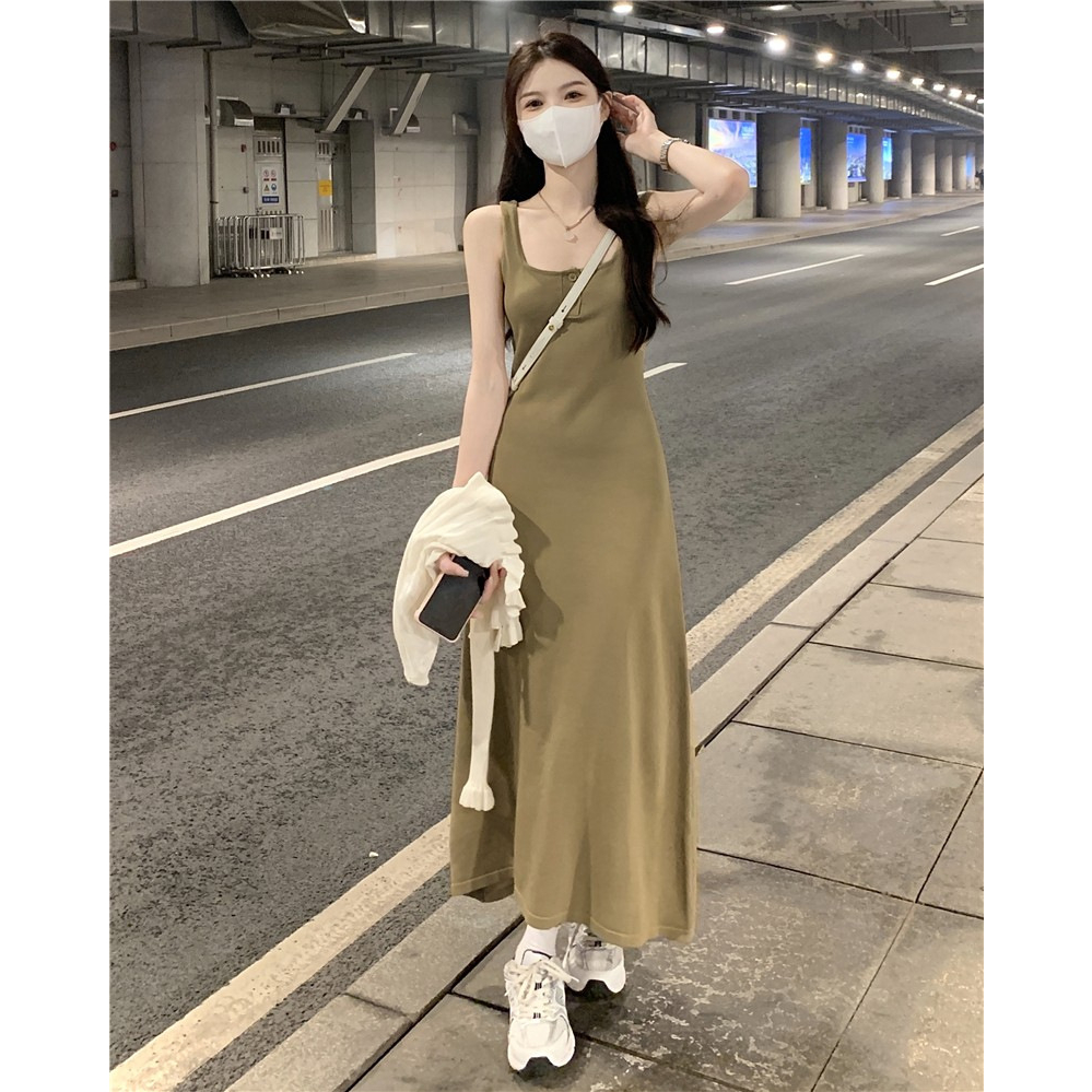 无袖黑色吊带连衣裙女夏季露背方领针织背带中长款裙休闲a字裙子