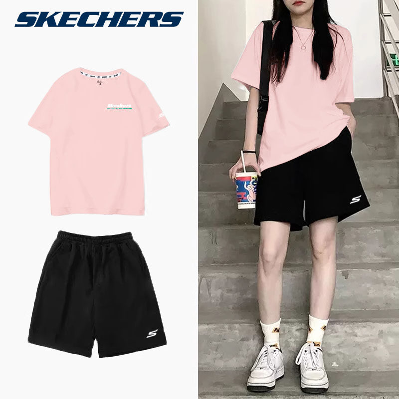 斯凯奇运动套装男女同款夏季粉色棉t短袖速干短裤女大码休闲套装