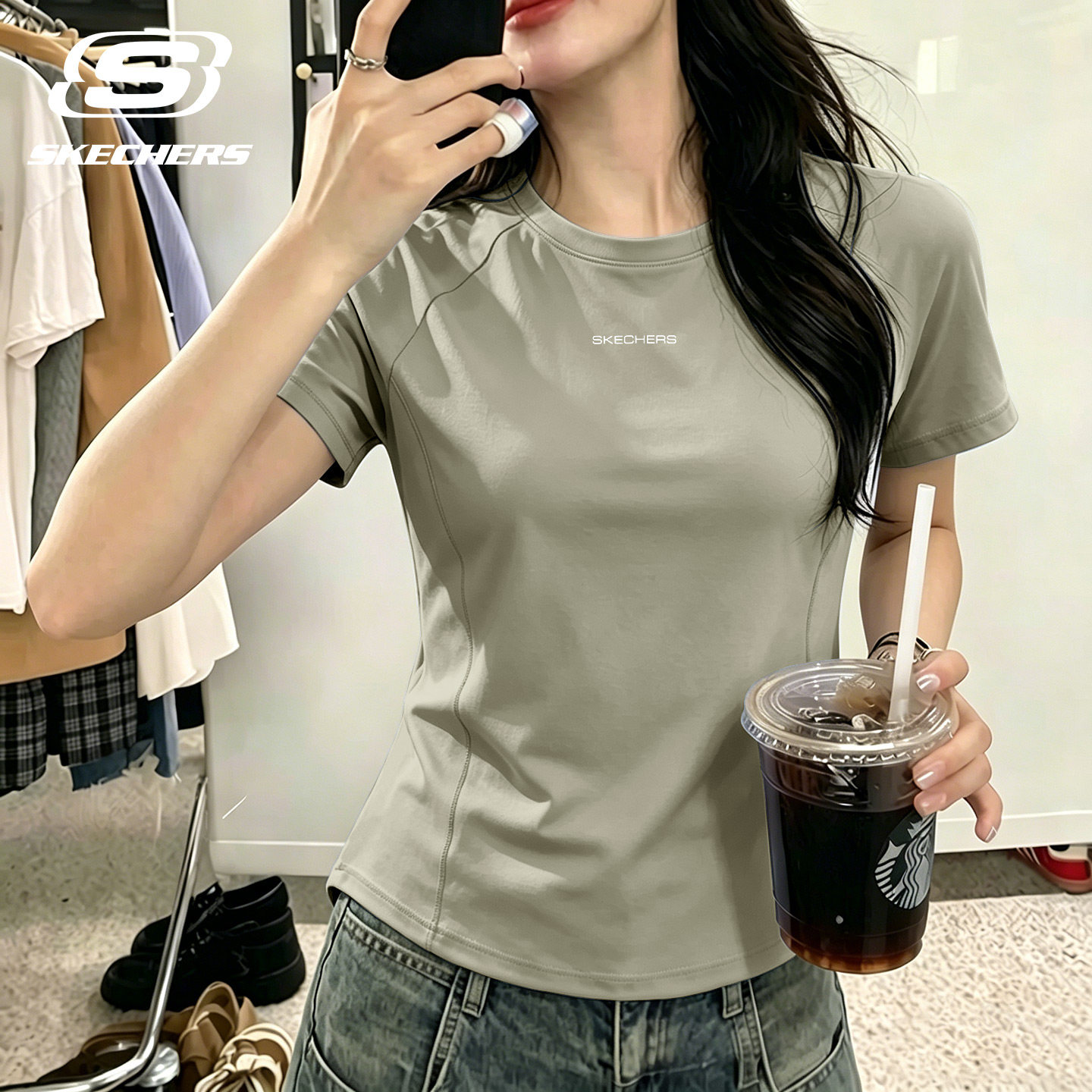 斯凯奇纯色短袖T恤女款圆领宽松