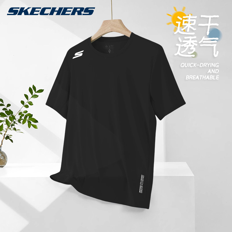 斯凯奇休闲短袖男款速干冰丝t恤夏季新款中年父亲运动服黑色半袖