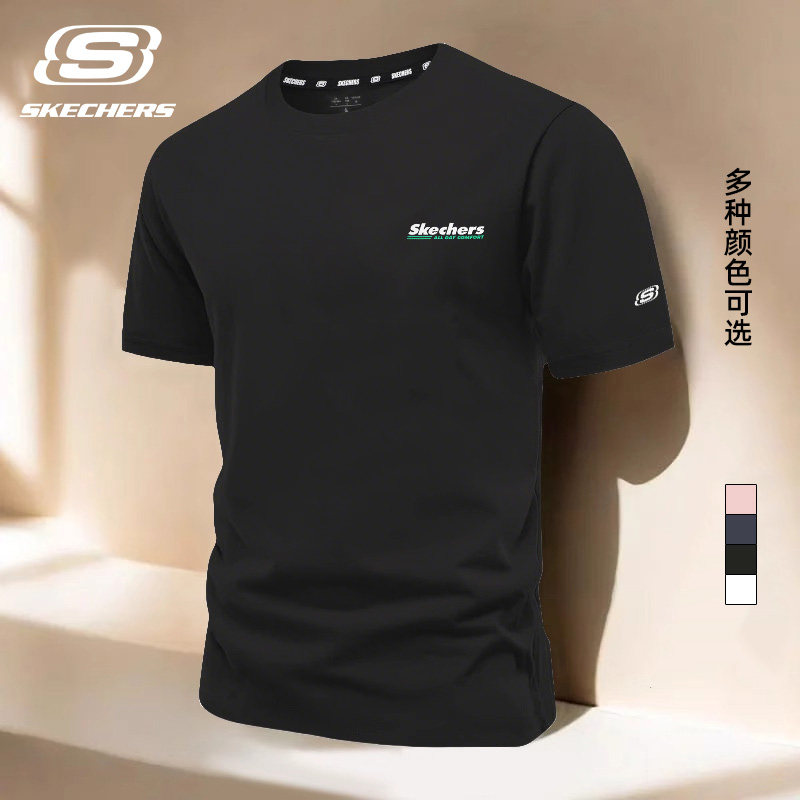 斯凯奇短袖t恤男款2026夏季青年休闲纯棉上衣黑色健身半袖打底衫