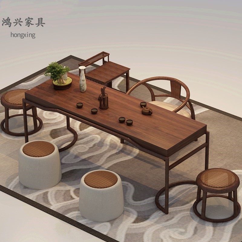 新中式黑胡桃木喝茶桌办公室简约实木茶桌整套组合茶室泡茶台定制
