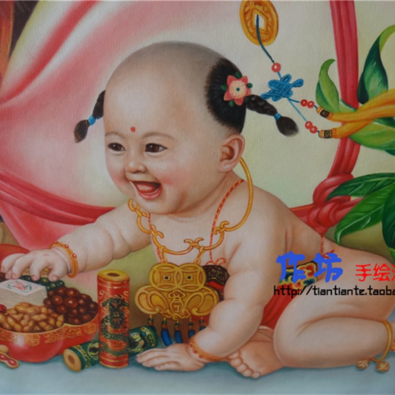 手绘油画福禄寿美体多子祥寿礼中式人物定制画像客厅家居装饰挂画