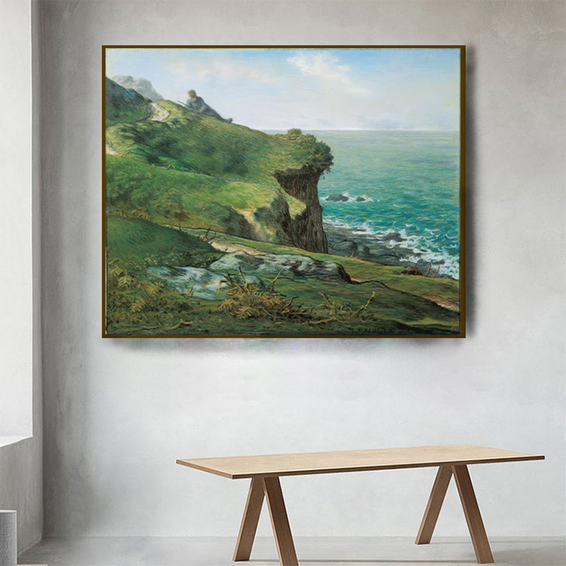 纯手绘米勒《格雷维尔的峭壁》绿色调油画风景高级感客厅装饰挂画