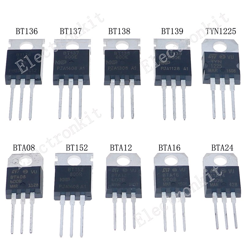 10种常用单/双向可控硅晶闸管BT136/BTA08/BTA12/TYN1225直插混装