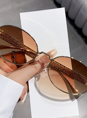 欧洲站无框切边镶钻太阳眼镜女字母F墨镜椭圆防晒眼镜镂空设计感